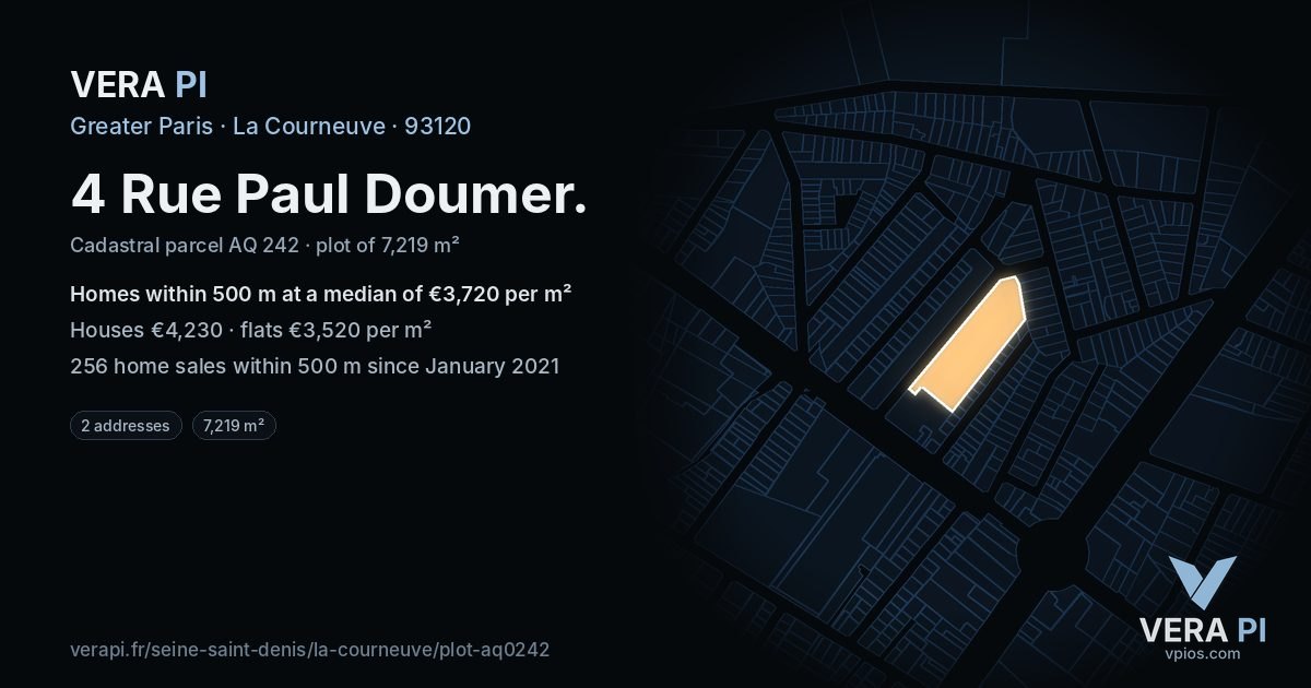 4 Rue Paul Doumer, La Courneuve at night – the plot lit, the parcels around coloured by the prices near them
