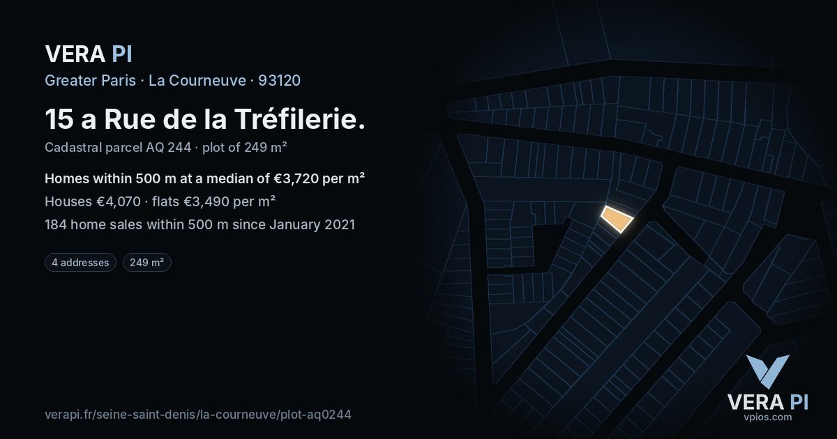 15 a Rue de la Tréfilerie, La Courneuve at night – the plot lit, the parcels around coloured by the prices near them