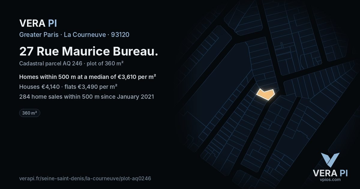 27 Rue Maurice Bureau, La Courneuve at night – the plot lit, the parcels around coloured by the prices near them
