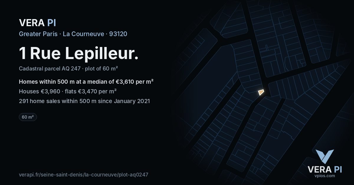 1 Rue Lepilleur, La Courneuve at night – the plot lit, the parcels around coloured by the prices near them