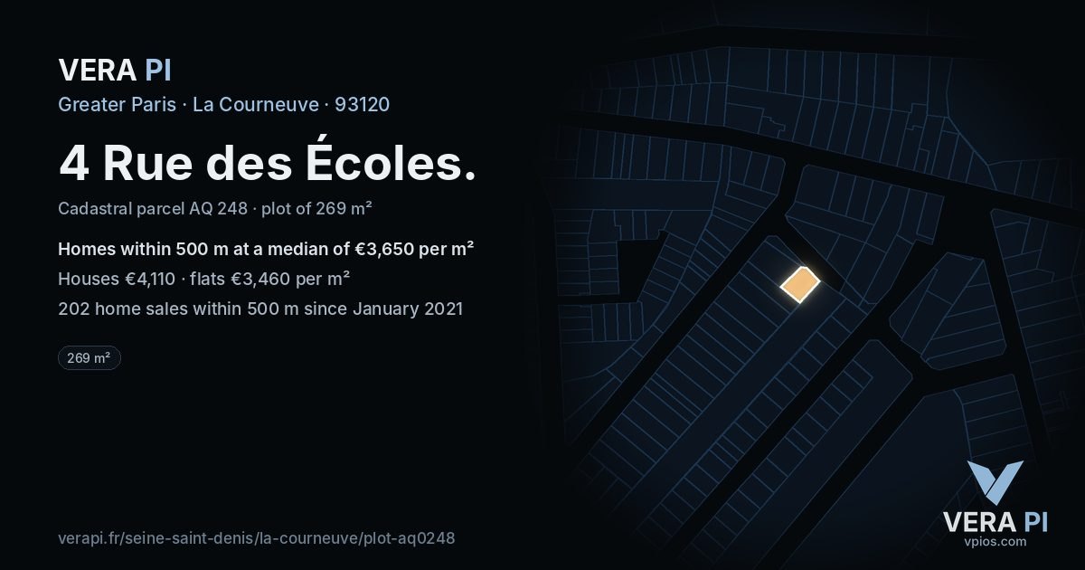 4 Rue des Écoles, La Courneuve at night – the plot lit, the parcels around coloured by the prices near them