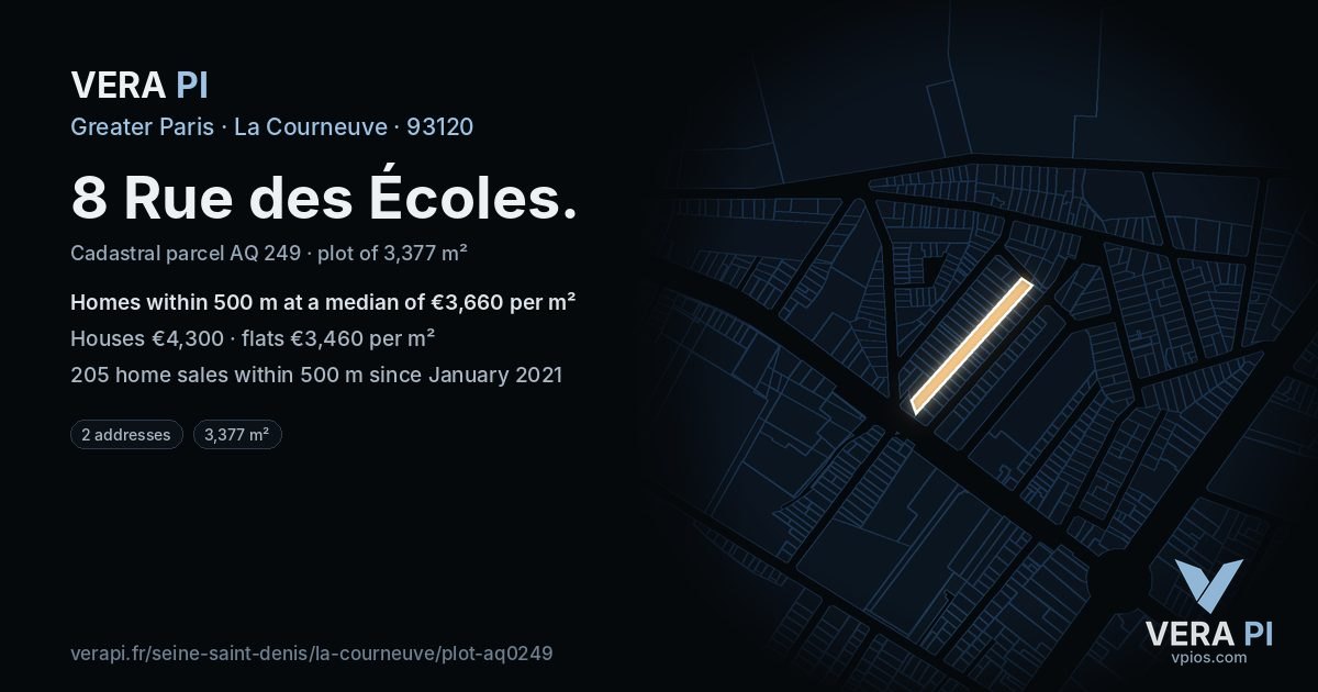 8 Rue des Écoles, La Courneuve at night – the plot lit, the parcels around coloured by the prices near them