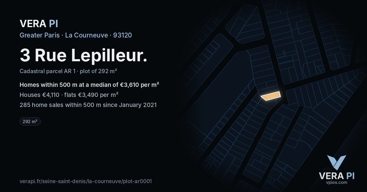 3 Rue Lepilleur, La Courneuve at night – the plot lit, the parcels around coloured by the prices near them