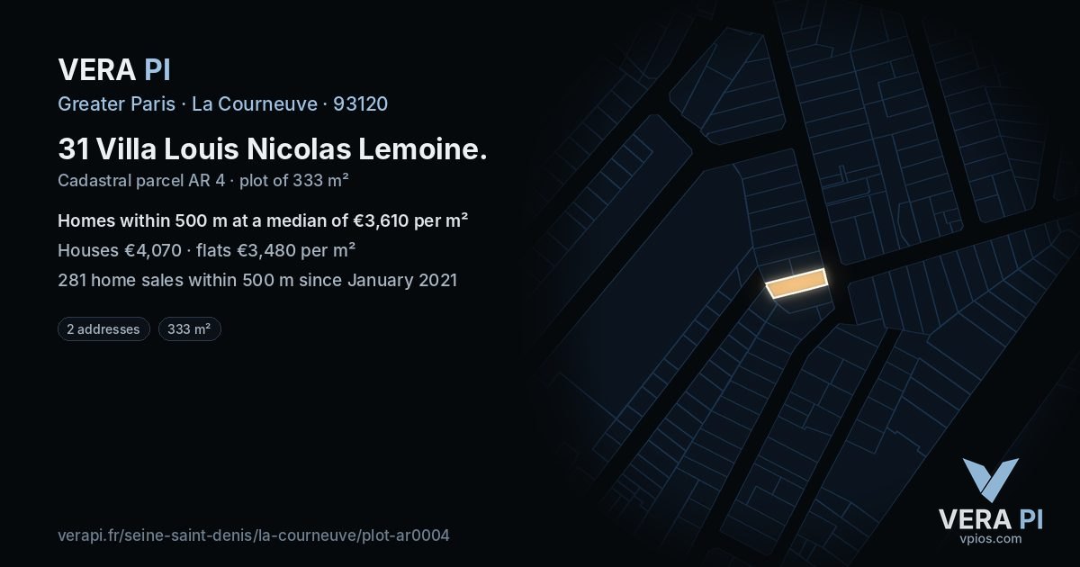 31 Villa Louis Nicolas Lemoine, La Courneuve at night – the plot lit, the parcels around coloured by the prices near them