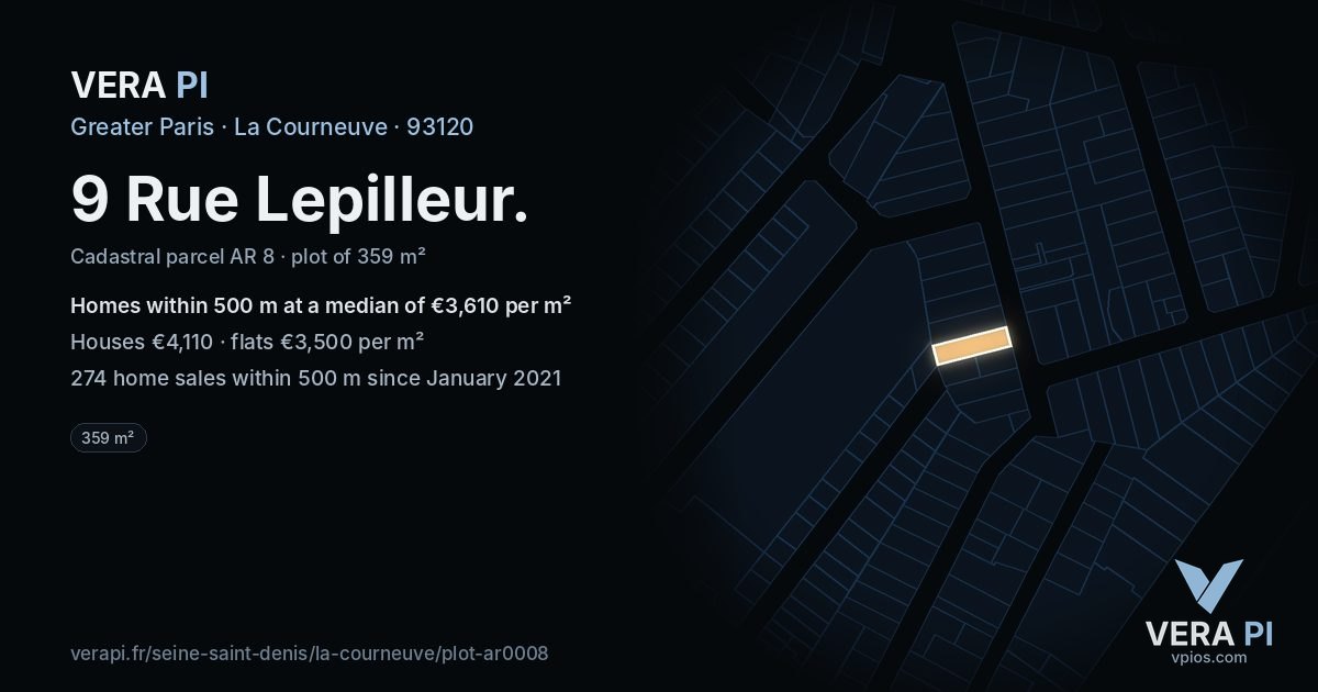 9 Rue Lepilleur, La Courneuve at night – the plot lit, the parcels around coloured by the prices near them