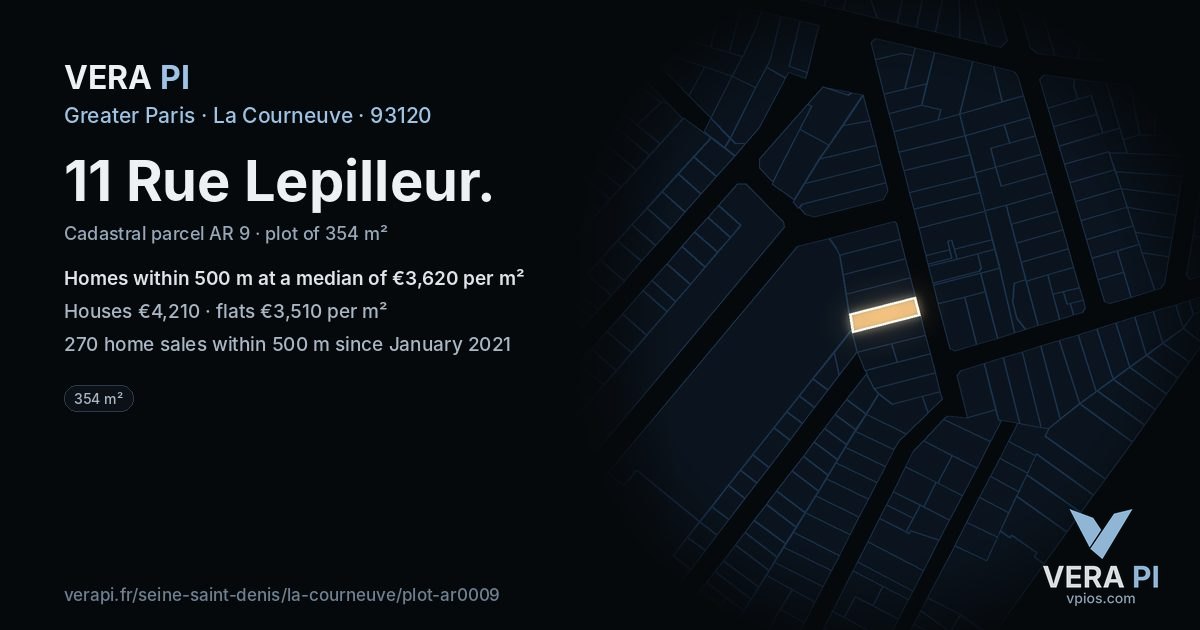 11 Rue Lepilleur, La Courneuve at night – the plot lit, the parcels around coloured by the prices near them