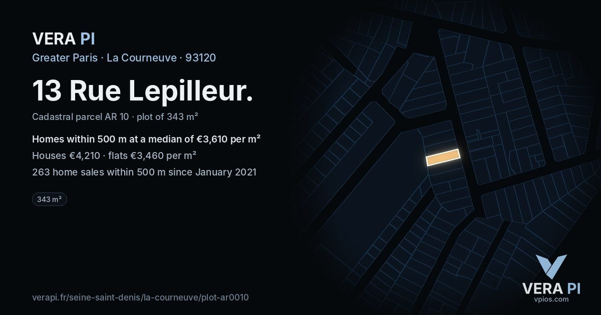 13 Rue Lepilleur, La Courneuve at night – the plot lit, the parcels around coloured by the prices near them