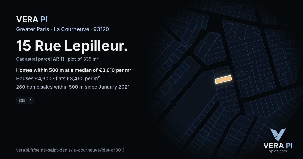 15 Rue Lepilleur, La Courneuve at night – the plot lit, the parcels around coloured by the prices near them