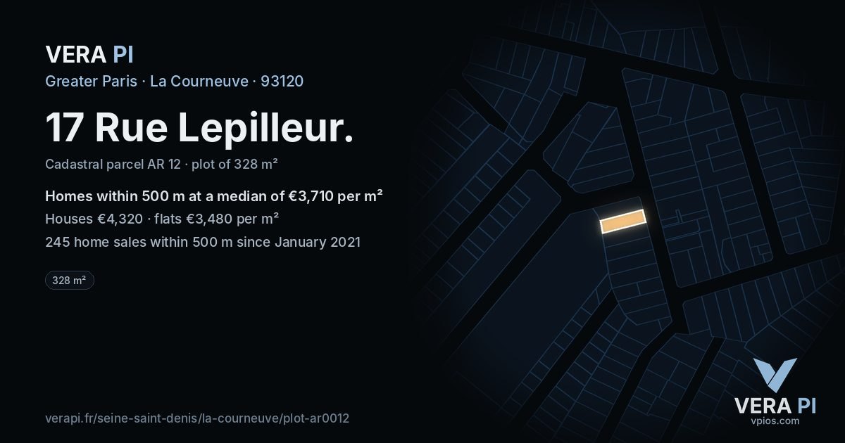 17 Rue Lepilleur, La Courneuve at night – the plot lit, the parcels around coloured by the prices near them