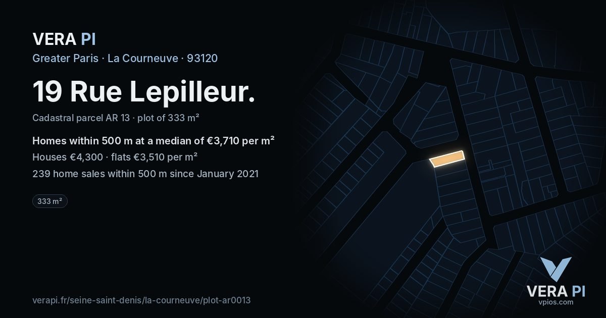 19 Rue Lepilleur, La Courneuve at night – the plot lit, the parcels around coloured by the prices near them