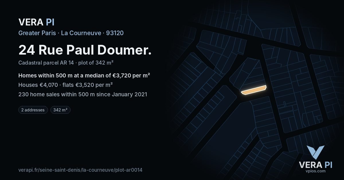 24 Rue Paul Doumer, La Courneuve at night – the plot lit, the parcels around coloured by the prices near them
