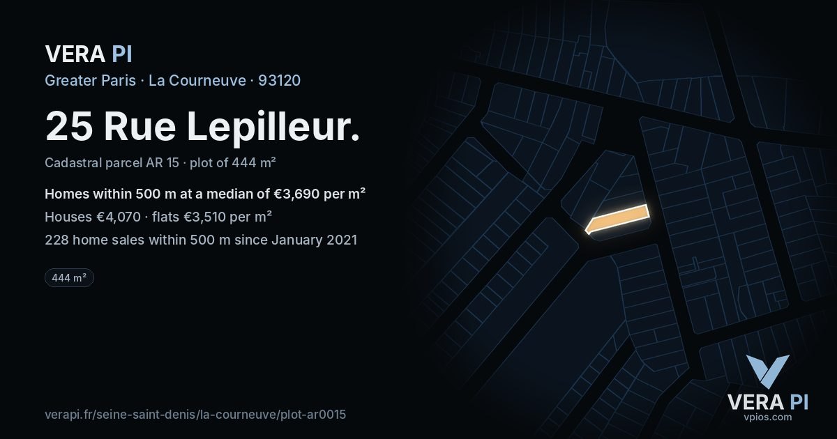25 Rue Lepilleur, La Courneuve at night – the plot lit, the parcels around coloured by the prices near them