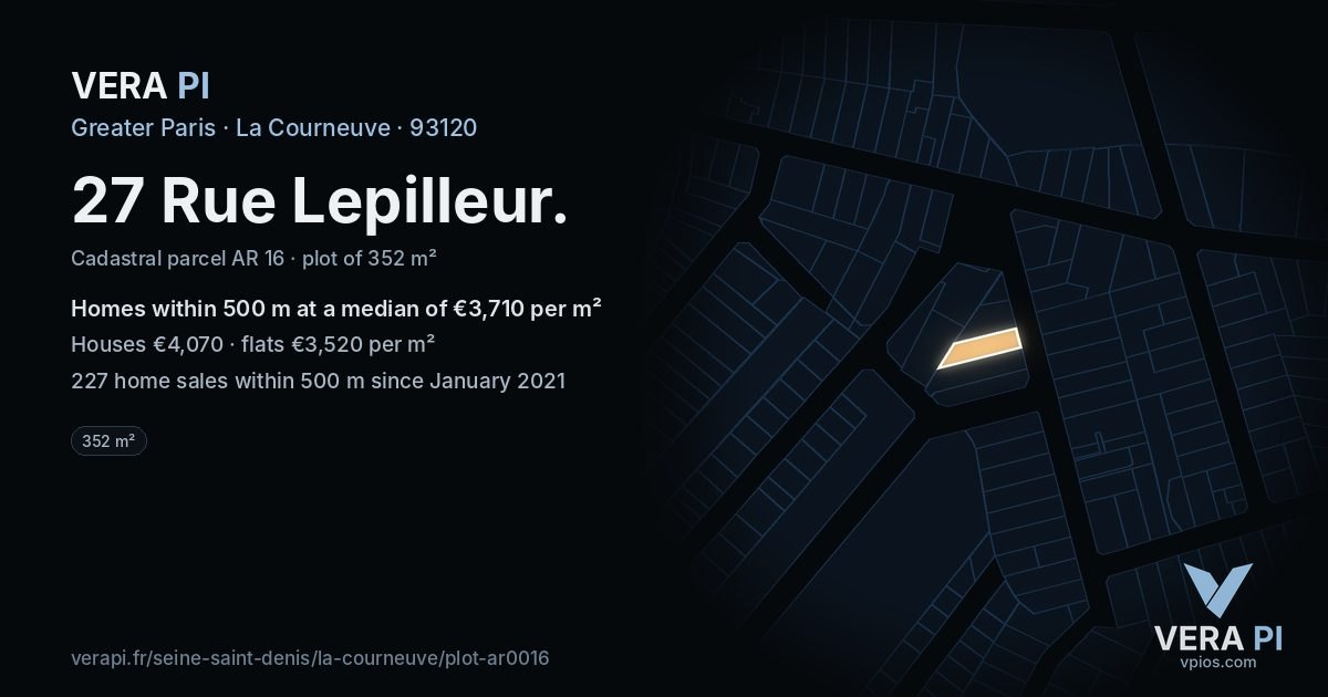 27 Rue Lepilleur, La Courneuve at night – the plot lit, the parcels around coloured by the prices near them