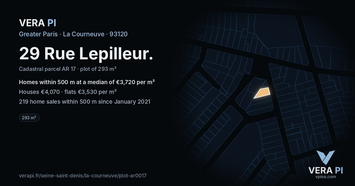 29 Rue Lepilleur, La Courneuve at night – the plot lit, the parcels around coloured by the prices near them
