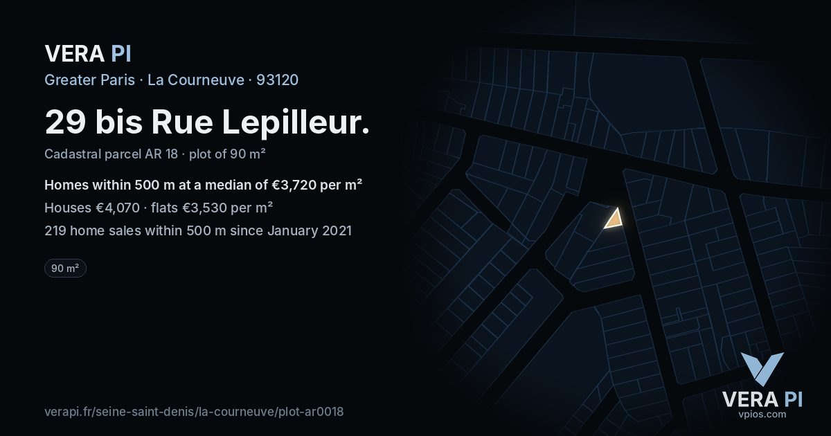 29 bis Rue Lepilleur, La Courneuve at night – the plot lit, the parcels around coloured by the prices near them