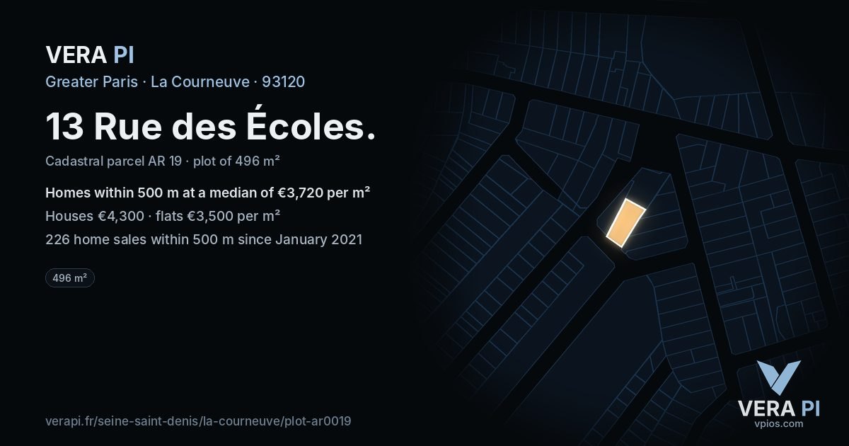 13 Rue des Écoles, La Courneuve at night – the plot lit, the parcels around coloured by the prices near them