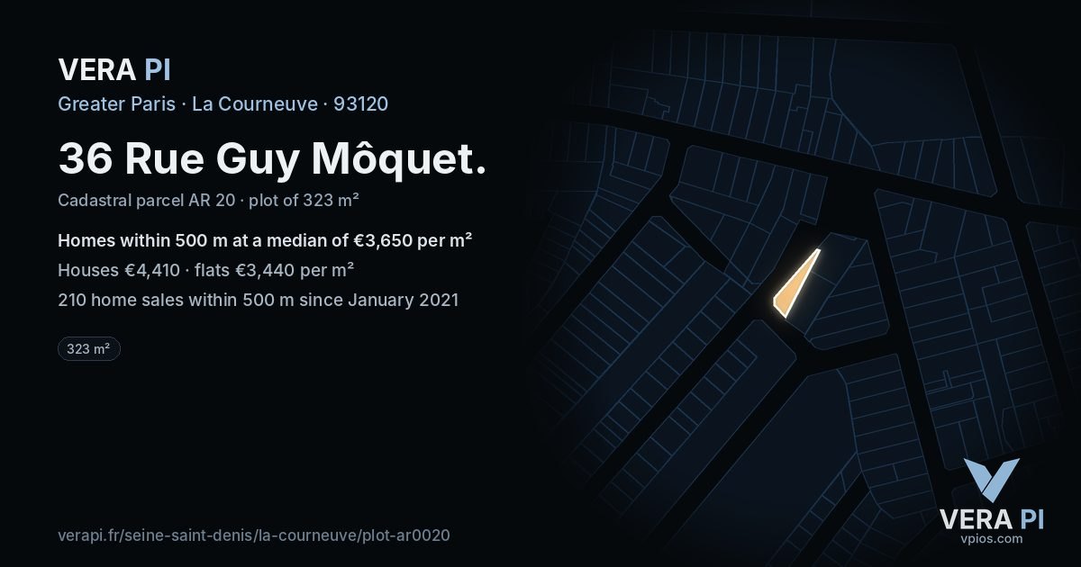 36 Rue Guy Môquet, La Courneuve at night – the plot lit, the parcels around coloured by the prices near them