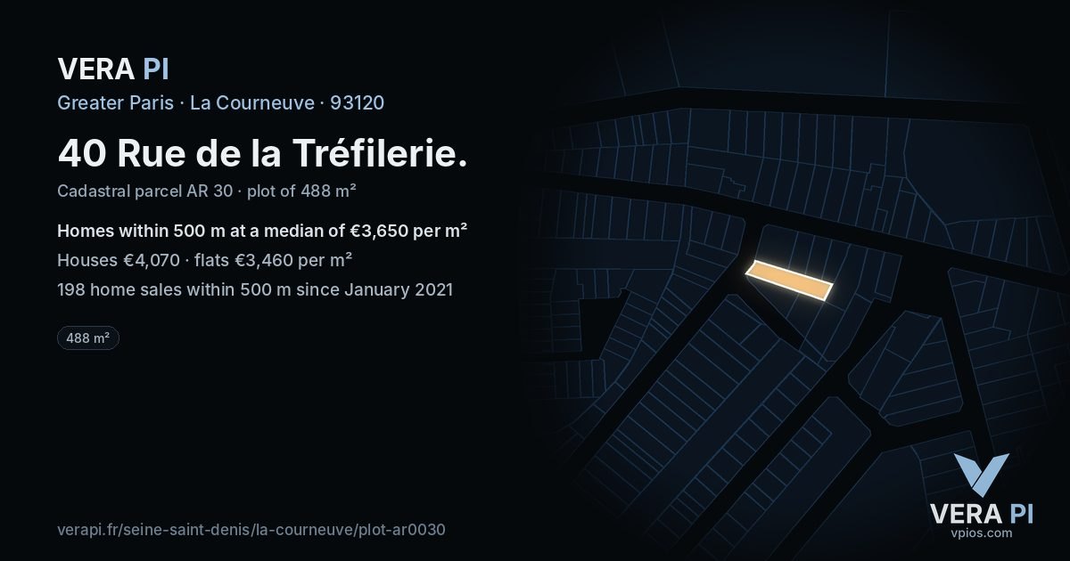 40 Rue de la Tréfilerie, La Courneuve at night – the plot lit, the parcels around coloured by the prices near them