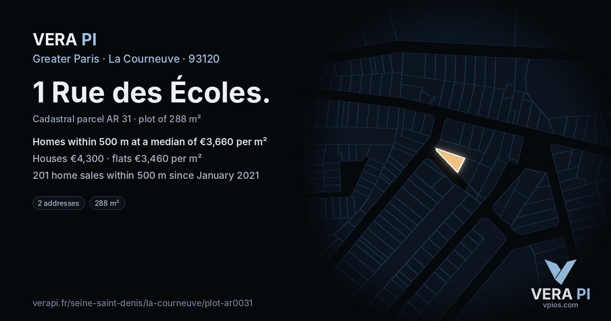 1 Rue des Écoles, La Courneuve at night – the plot lit, the parcels around coloured by the prices near them