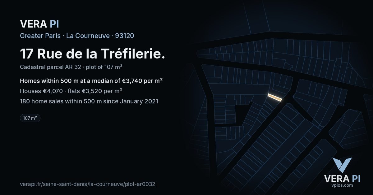 17 Rue de la Tréfilerie, La Courneuve at night – the plot lit, the parcels around coloured by the prices near them