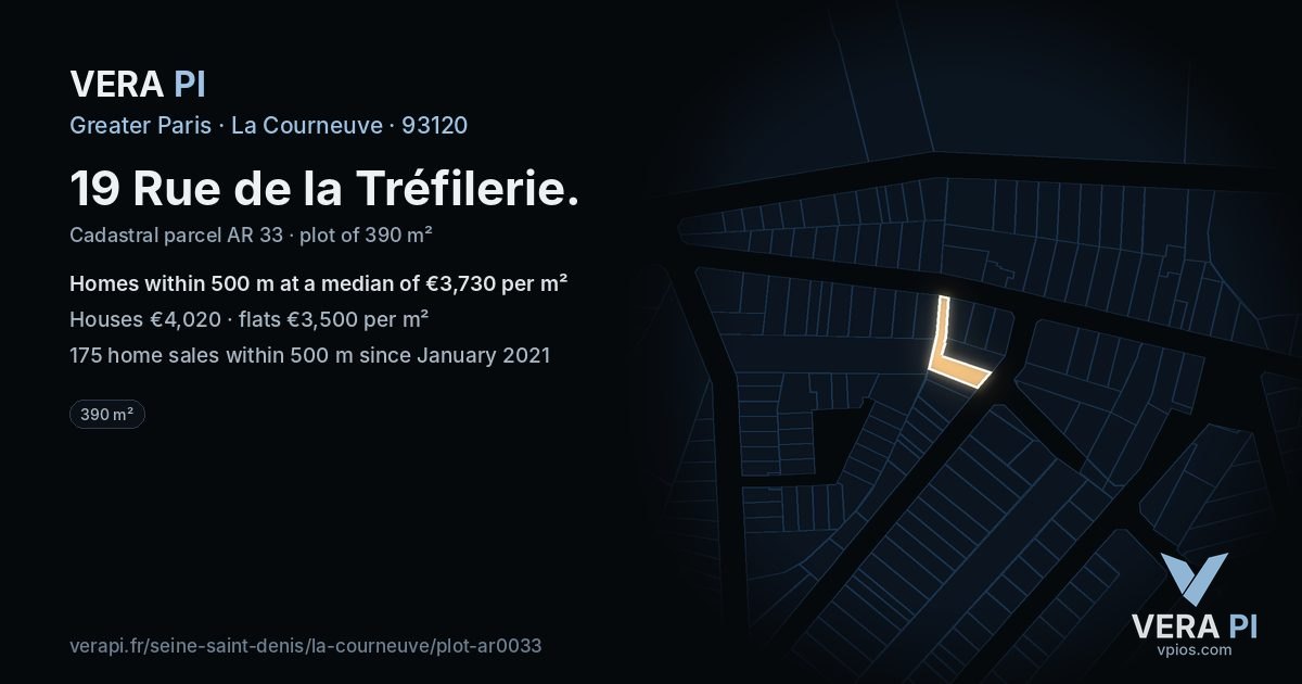 19 Rue de la Tréfilerie, La Courneuve at night – the plot lit, the parcels around coloured by the prices near them