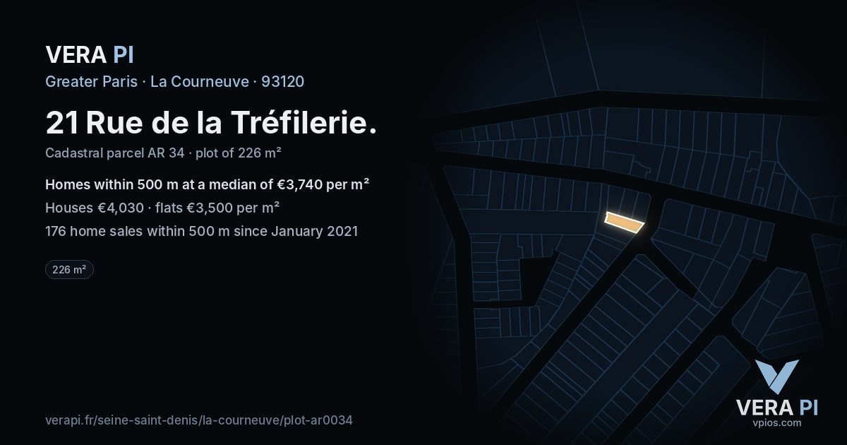 21 Rue de la Tréfilerie, La Courneuve at night – the plot lit, the parcels around coloured by the prices near them