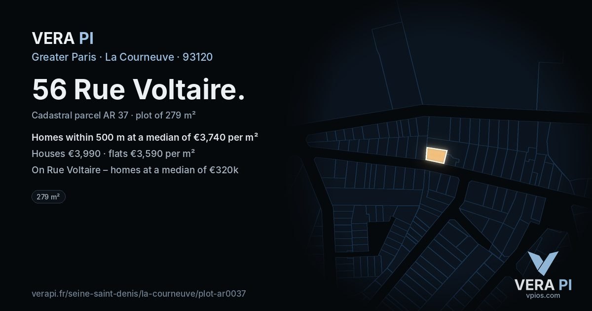 56 Rue Voltaire, La Courneuve at night – the plot lit, the parcels around coloured by the prices near them