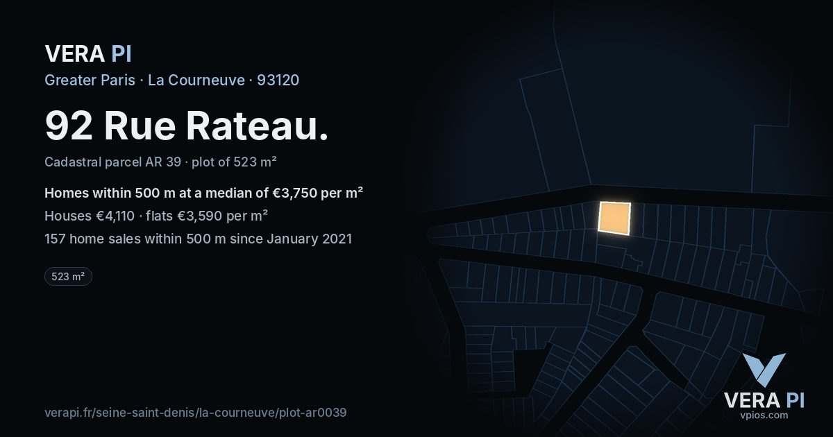 92 Rue Rateau, La Courneuve at night – the plot lit, the parcels around coloured by the prices near them
