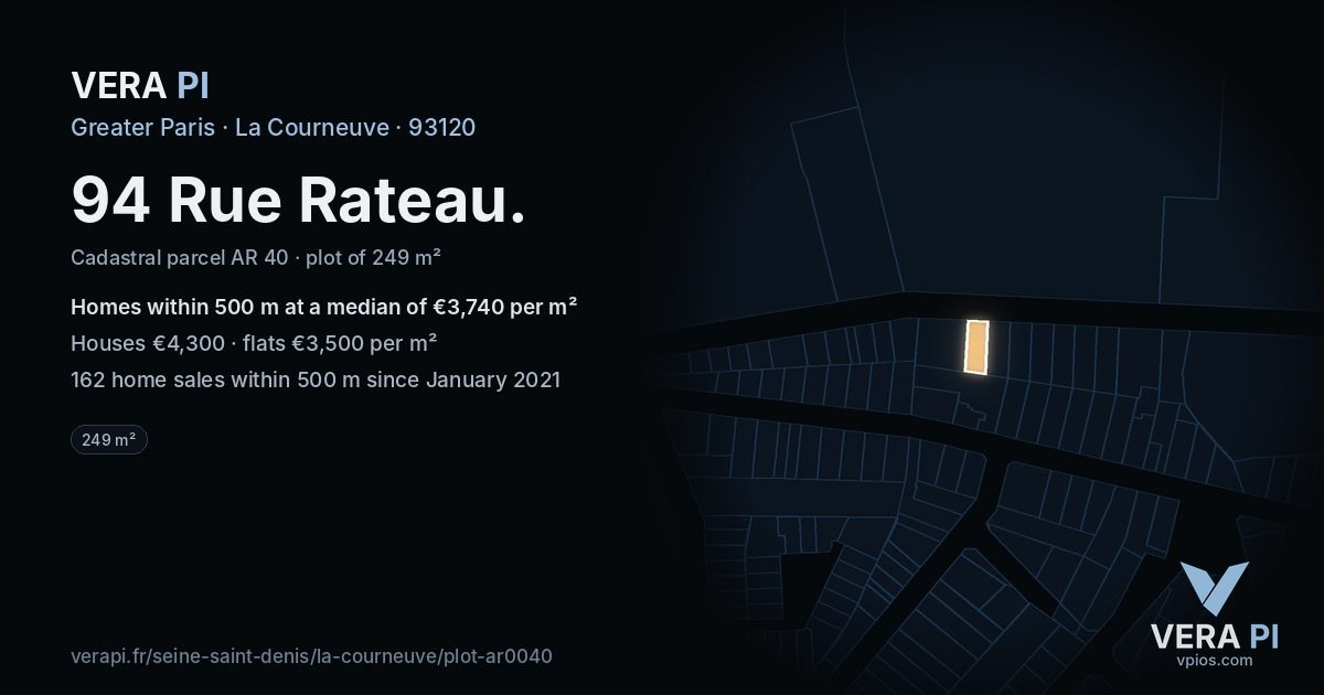 94 Rue Rateau, La Courneuve at night – the plot lit, the parcels around coloured by the prices near them