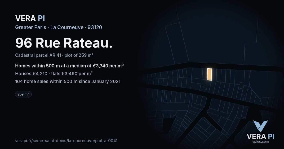 96 Rue Rateau, La Courneuve at night – the plot lit, the parcels around coloured by the prices near them