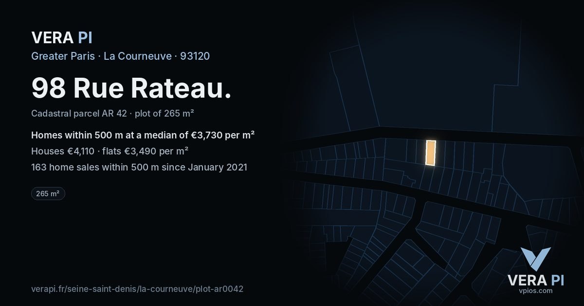 98 Rue Rateau, La Courneuve at night – the plot lit, the parcels around coloured by the prices near them