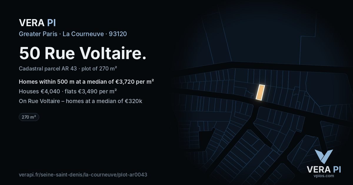 50 Rue Voltaire, La Courneuve at night – the plot lit, the parcels around coloured by the prices near them