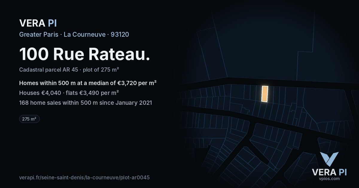 100 Rue Rateau, La Courneuve at night – the plot lit, the parcels around coloured by the prices near them
