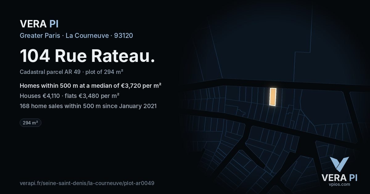 104 Rue Rateau, La Courneuve at night – the plot lit, the parcels around coloured by the prices near them