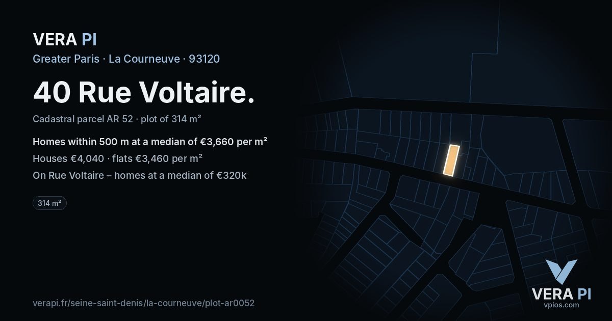 40 Rue Voltaire, La Courneuve at night – the plot lit, the parcels around coloured by the prices near them