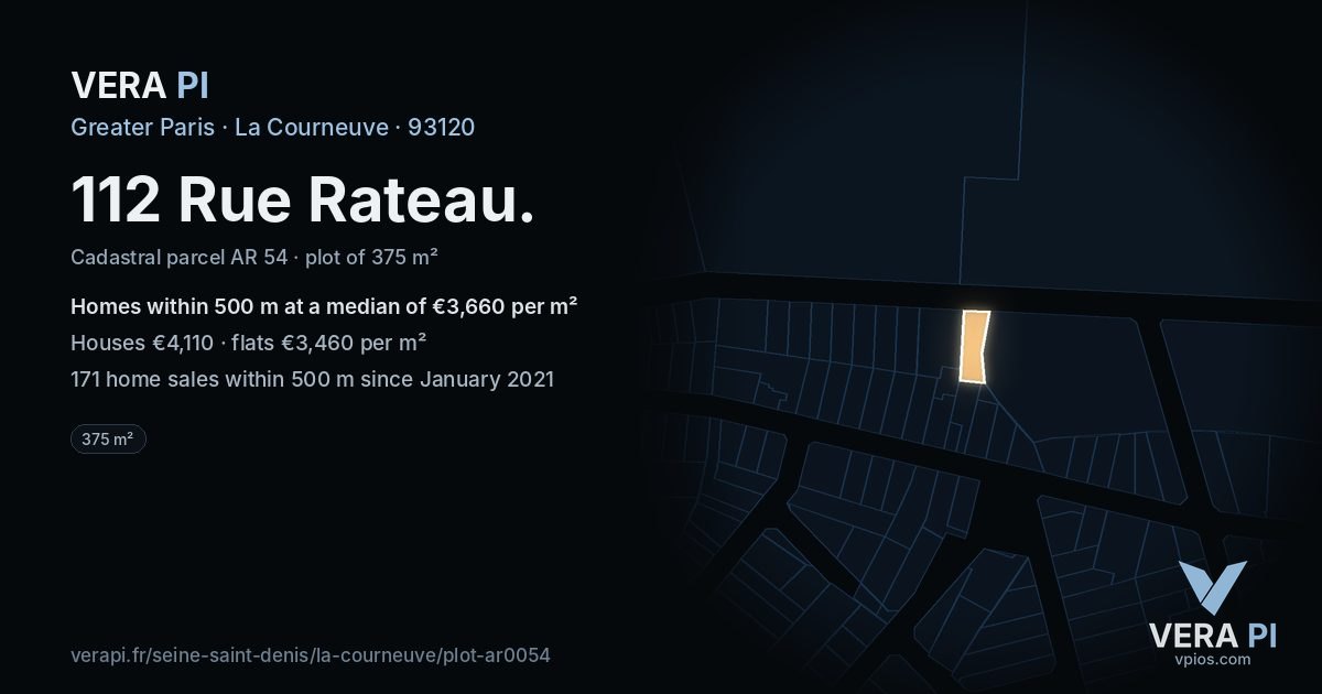 112 Rue Rateau, La Courneuve at night – the plot lit, the parcels around coloured by the prices near them