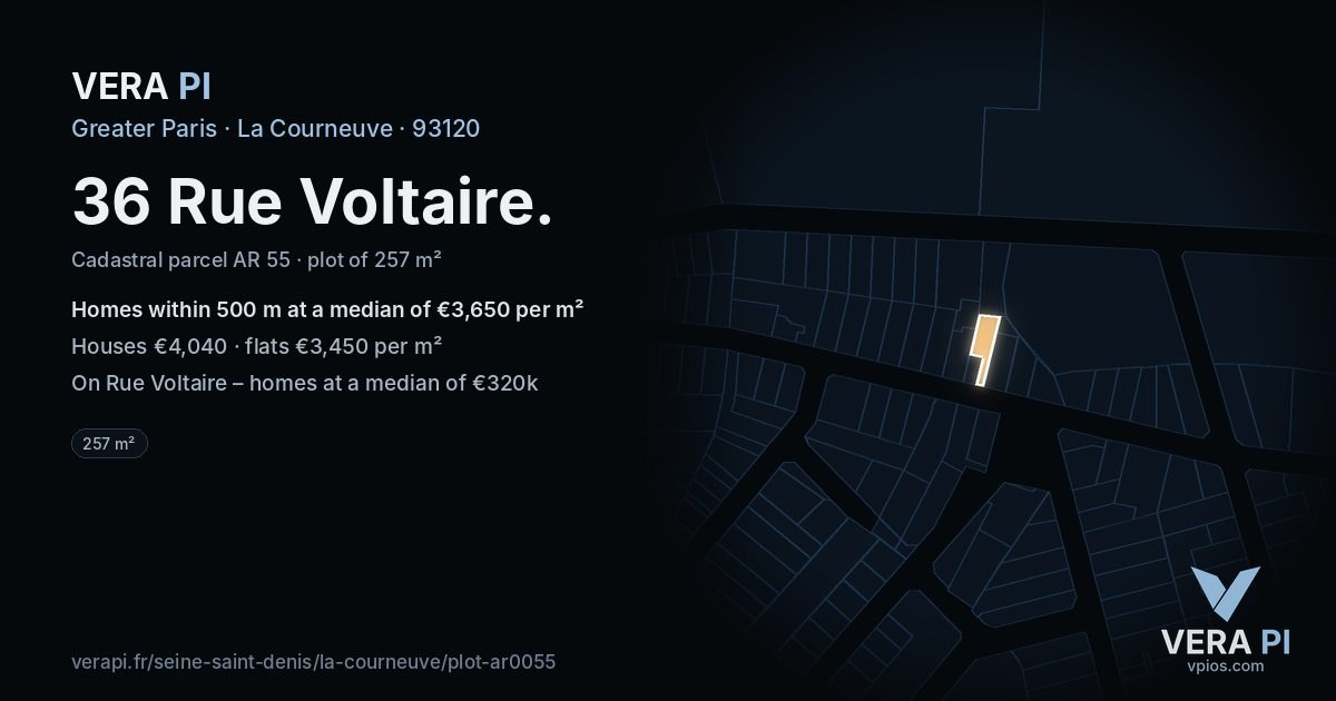36 Rue Voltaire, La Courneuve at night – the plot lit, the parcels around coloured by the prices near them