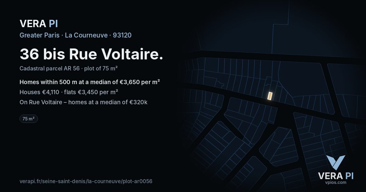 36 bis Rue Voltaire, La Courneuve at night – the plot lit, the parcels around coloured by the prices near them