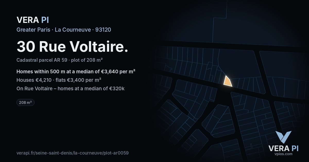 30 Rue Voltaire, La Courneuve at night – the plot lit, the parcels around coloured by the prices near them
