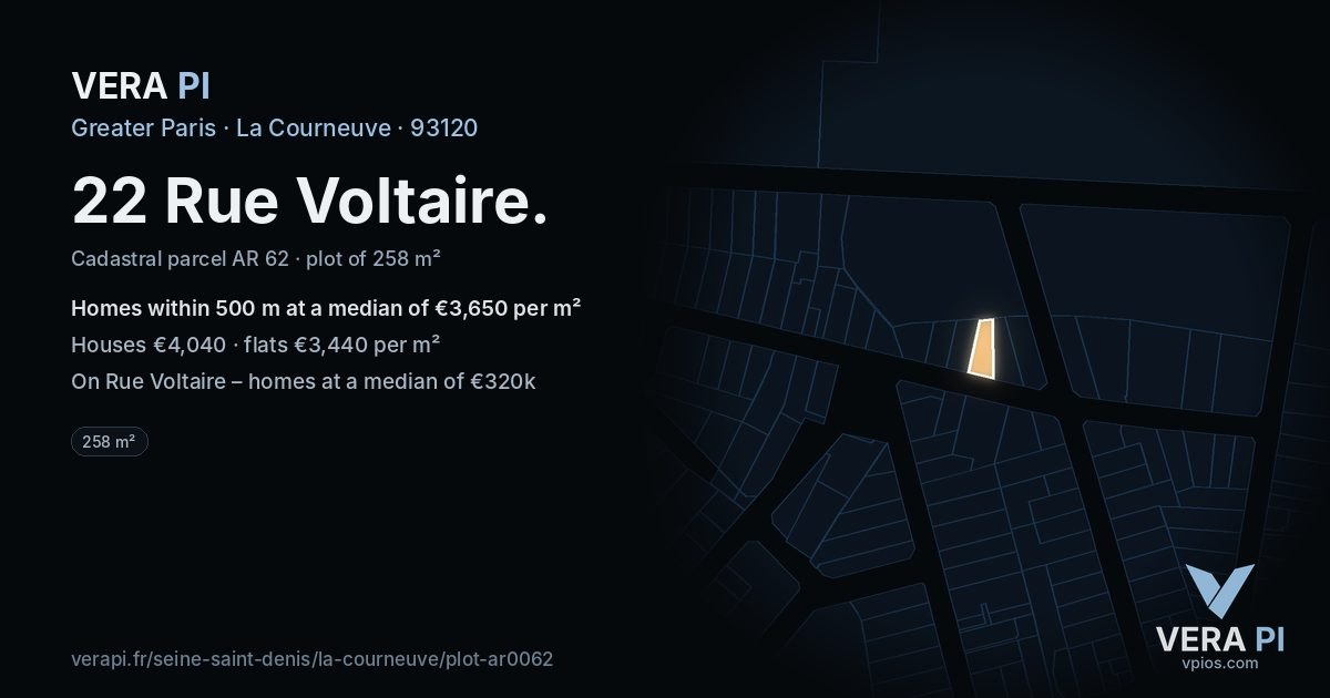 22 Rue Voltaire, La Courneuve at night – the plot lit, the parcels around coloured by the prices near them