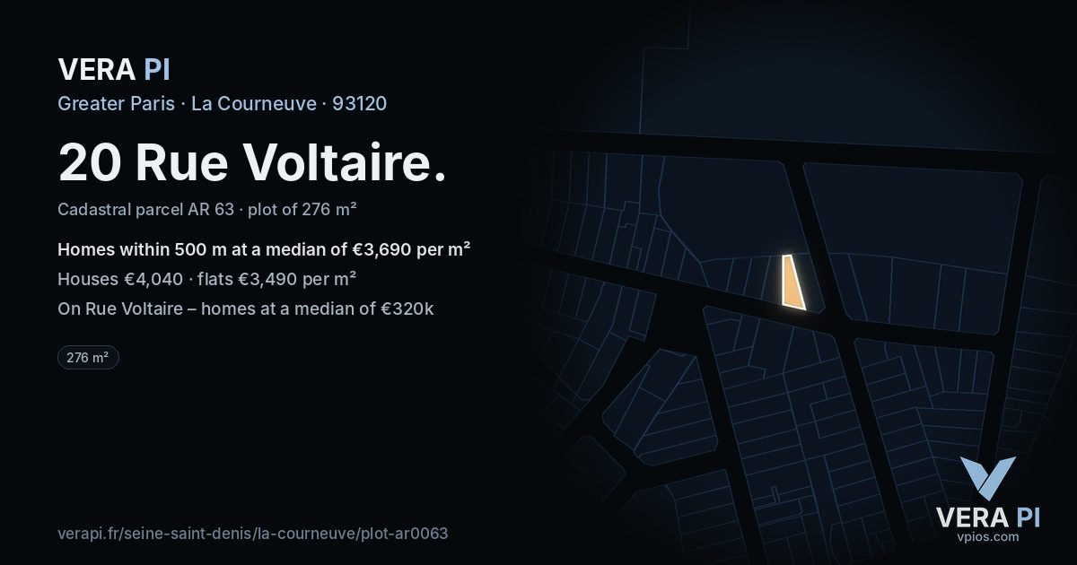 20 Rue Voltaire, La Courneuve at night – the plot lit, the parcels around coloured by the prices near them