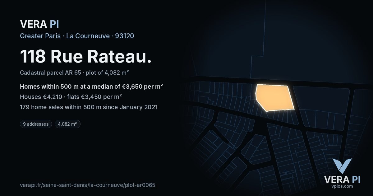 118 Rue Rateau, La Courneuve at night – the plot lit, the parcels around coloured by the prices near them