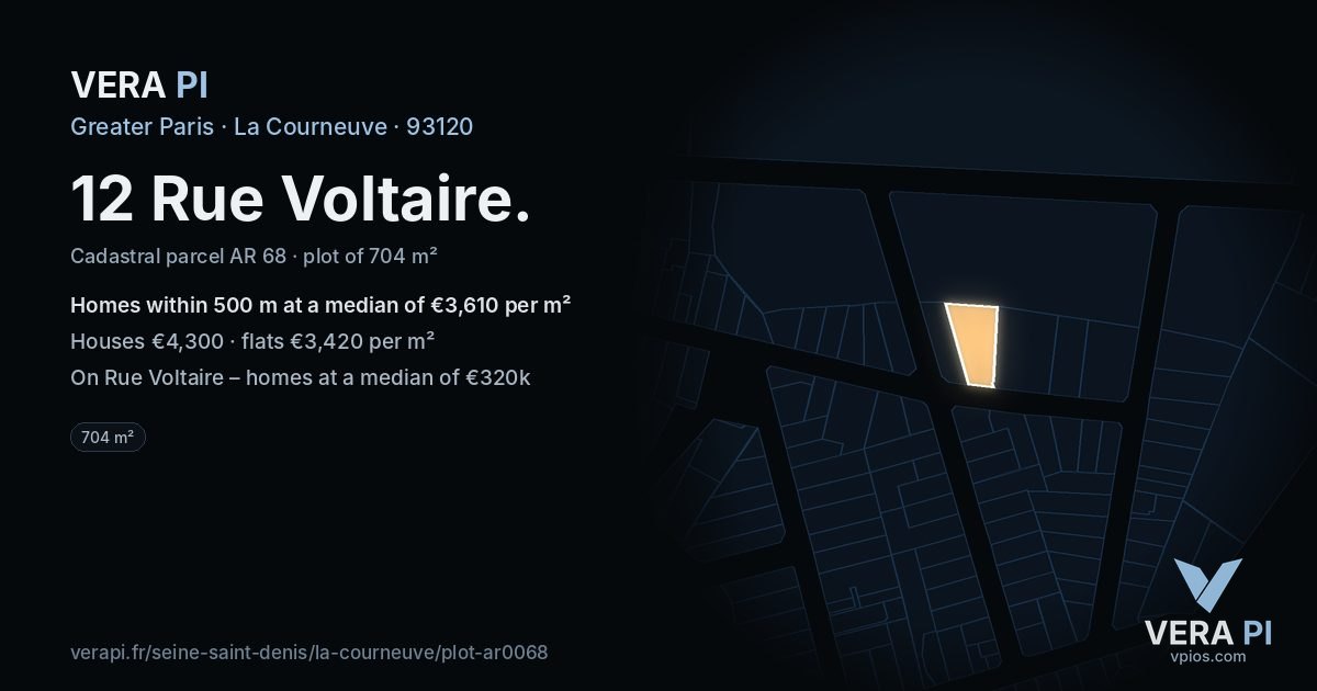 12 Rue Voltaire, La Courneuve at night – the plot lit, the parcels around coloured by the prices near them
