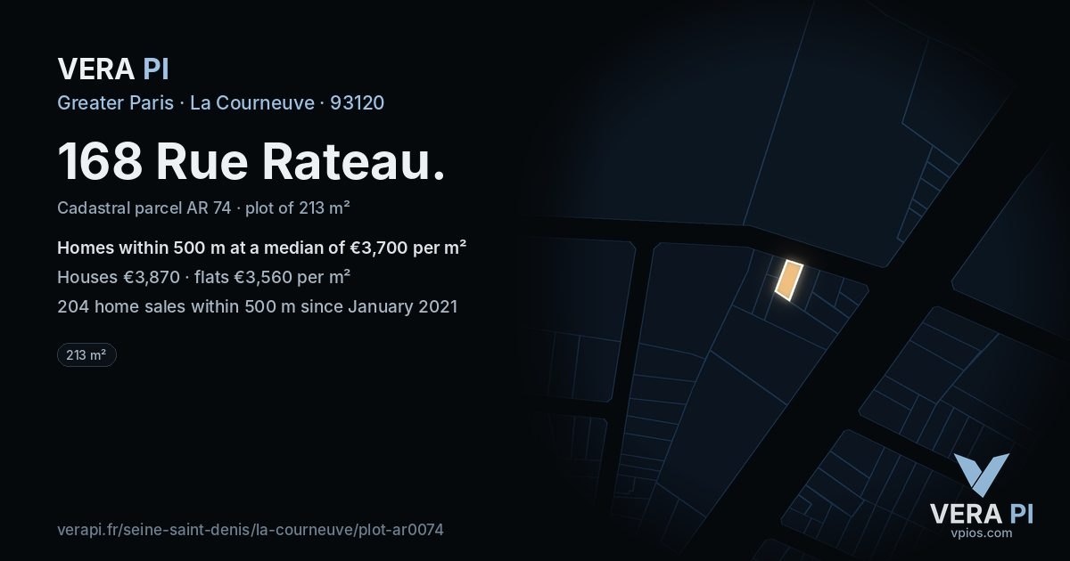 168 Rue Rateau, La Courneuve at night – the plot lit, the parcels around coloured by the prices near them