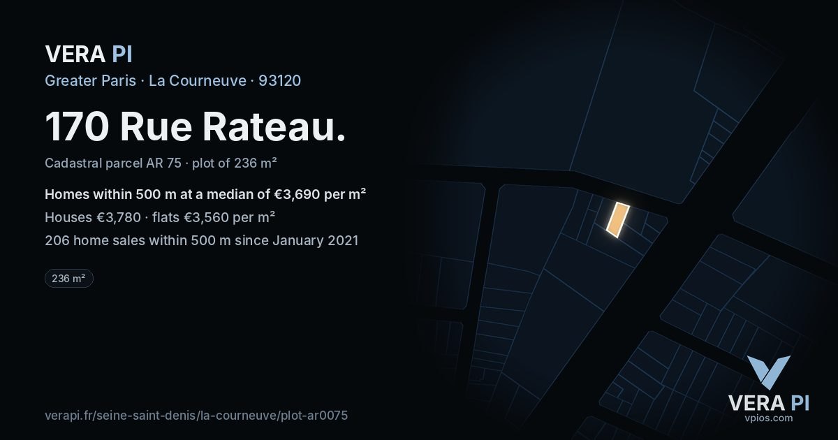 170 Rue Rateau, La Courneuve at night – the plot lit, the parcels around coloured by the prices near them