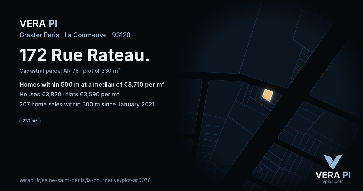 172 Rue Rateau, La Courneuve at night – the plot lit, the parcels around coloured by the prices near them