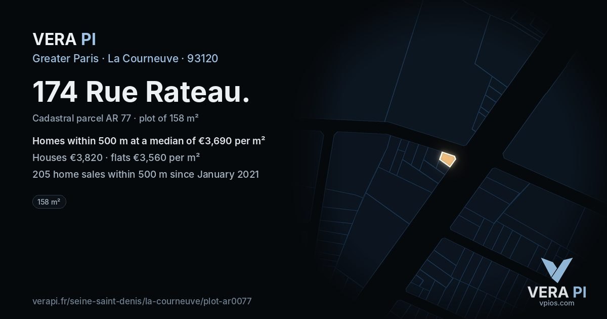 174 Rue Rateau, La Courneuve at night – the plot lit, the parcels around coloured by the prices near them