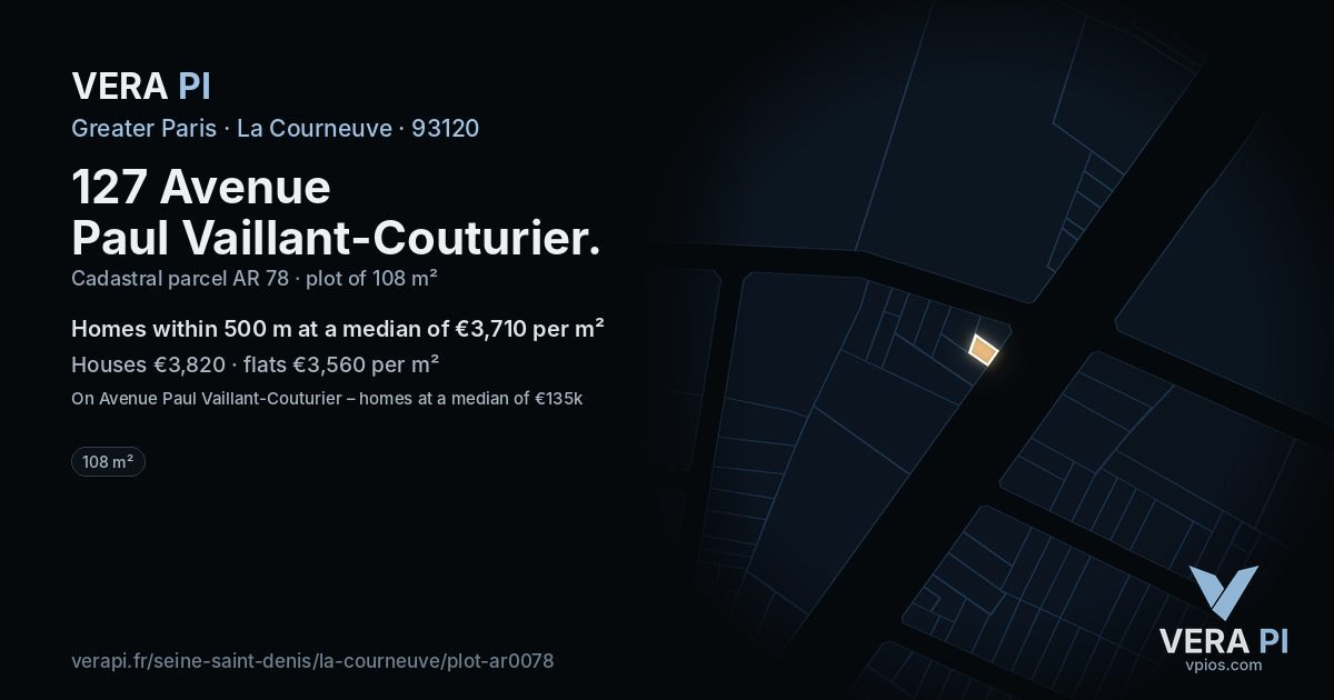 127 Avenue Paul Vaillant-Couturier, La Courneuve at night – the plot lit, the parcels around coloured by the prices near them