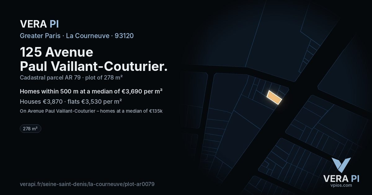 125 Avenue Paul Vaillant-Couturier, La Courneuve at night – the plot lit, the parcels around coloured by the prices near them