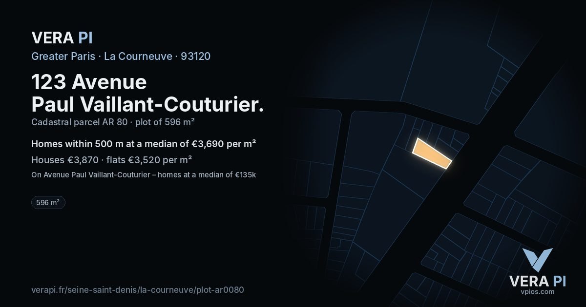 123 Avenue Paul Vaillant-Couturier, La Courneuve at night – the plot lit, the parcels around coloured by the prices near them